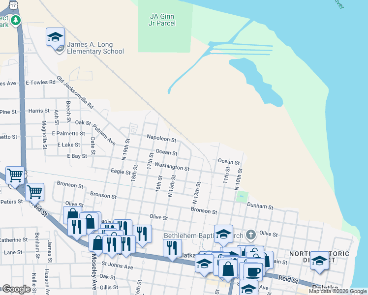 map of restaurants, bars, coffee shops, grocery stores, and more near 1419 Napoleon Street in Palatka