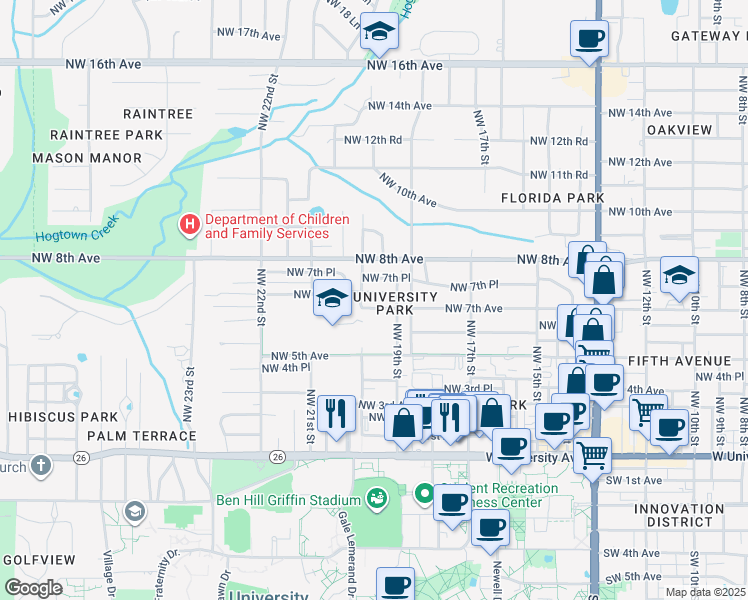 map of restaurants, bars, coffee shops, grocery stores, and more near in Gainesville