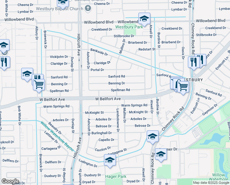 map of restaurants, bars, coffee shops, grocery stores, and more near 5643 Spellman Road in Houston