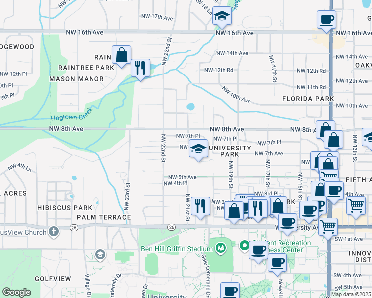 map of restaurants, bars, coffee shops, grocery stores, and more near 2105 Northwest 7th Lane in Gainesville
