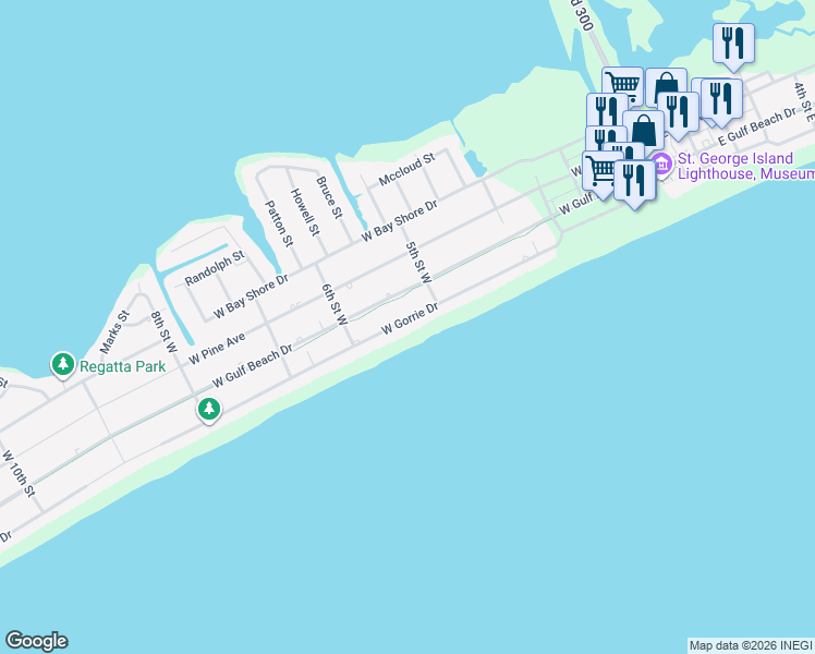 map of restaurants, bars, coffee shops, grocery stores, and more near 524 West Gorrie Drive in Saint George Island