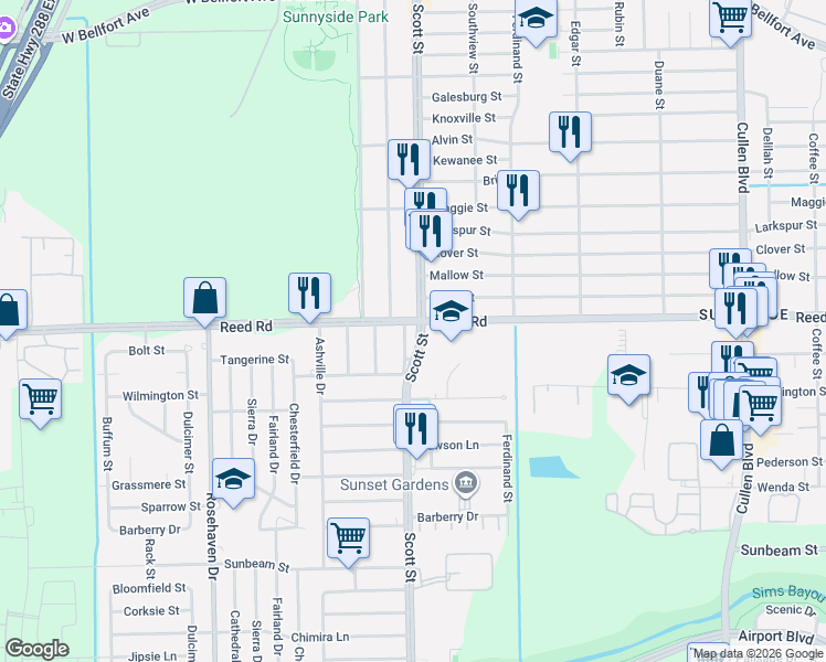 map of restaurants, bars, coffee shops, grocery stores, and more near 9202 Scott Street in Houston