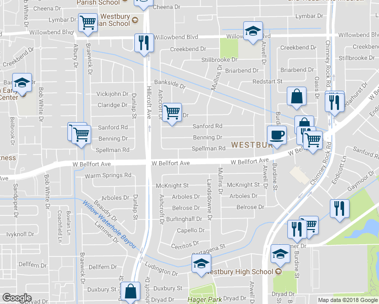 map of restaurants, bars, coffee shops, grocery stores, and more near 5723 Spellman Road in Houston