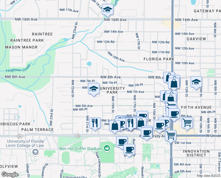map of restaurants, bars, coffee shops, grocery stores, and more near 1905 Northwest 7th Lane in Gainesville