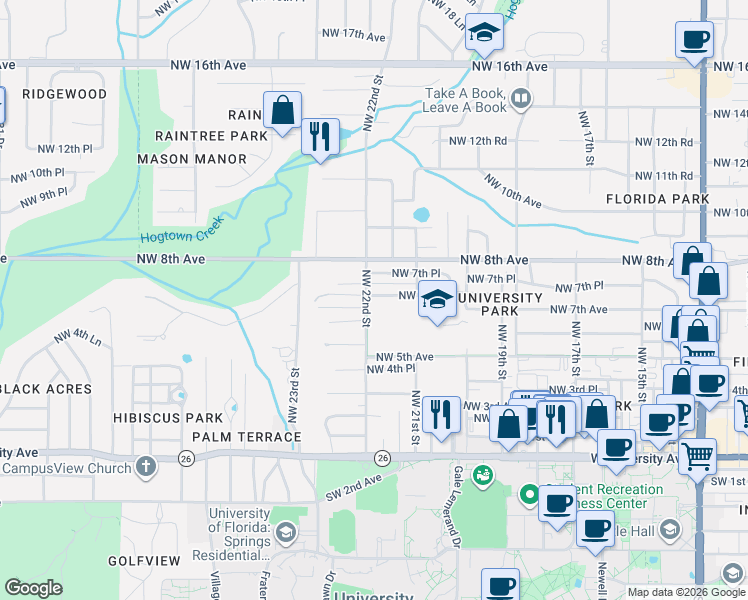 map of restaurants, bars, coffee shops, grocery stores, and more near 709 Northwest 22nd Street in Gainesville