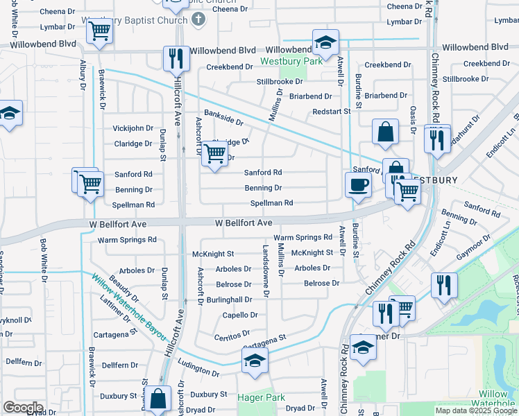 map of restaurants, bars, coffee shops, grocery stores, and more near 5643 Spellman Road in Houston