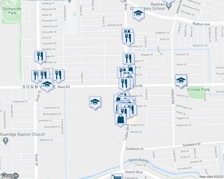 map of restaurants, bars, coffee shops, grocery stores, and more near 4600 Reed Road in Houston