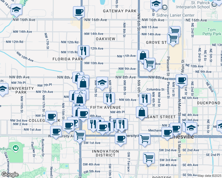 map of restaurants, bars, coffee shops, grocery stores, and more near 711 Northwest 10th Street in Gainesville
