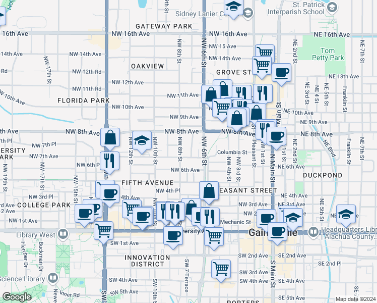map of restaurants, bars, coffee shops, grocery stores, and more near 716 Northwest 7th Terrace in Gainesville