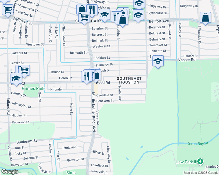 map of restaurants, bars, coffee shops, grocery stores, and more near 5759 Hirondel in Houston