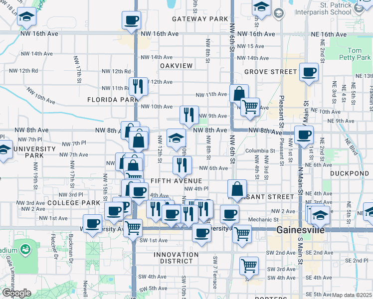 map of restaurants, bars, coffee shops, grocery stores, and more near 711 Northwest 10th Street in Gainesville