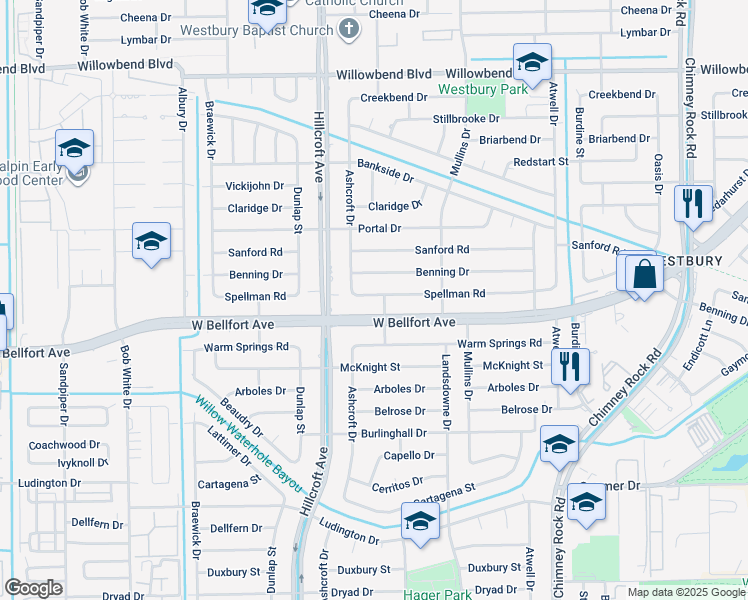 map of restaurants, bars, coffee shops, grocery stores, and more near 5807 Spellman Road in Houston