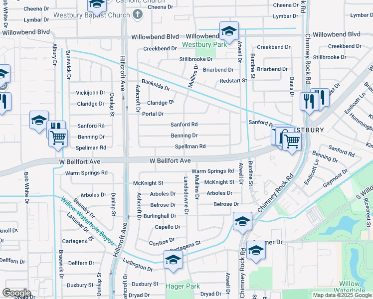 map of restaurants, bars, coffee shops, grocery stores, and more near 5643 Spellman Road in Houston
