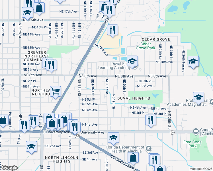 map of restaurants, bars, coffee shops, grocery stores, and more near in Alachua County