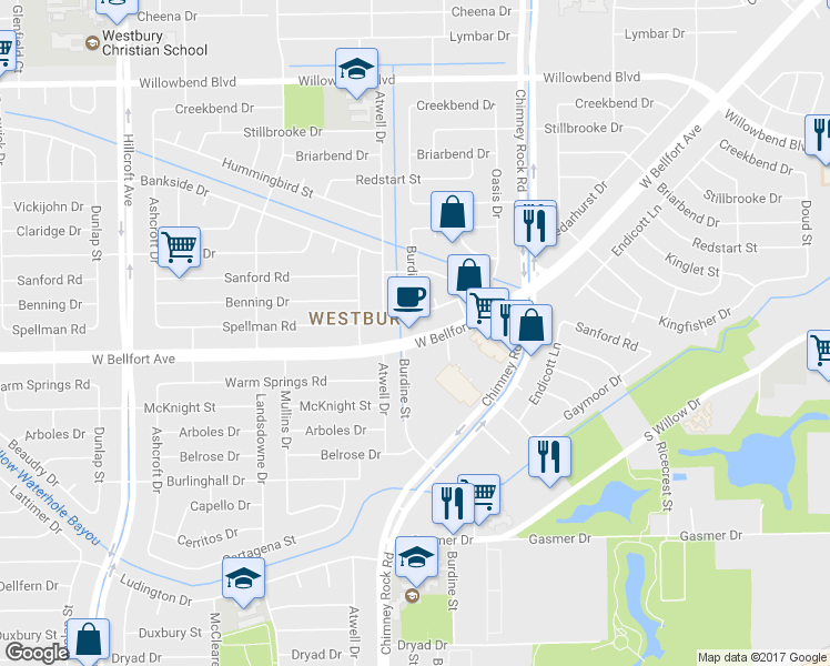 map of restaurants, bars, coffee shops, grocery stores, and more near 5456 West Bellfort Street in Houston