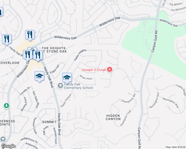 map of restaurants, bars, coffee shops, grocery stores, and more near 254 Gazelle Leap in San Antonio