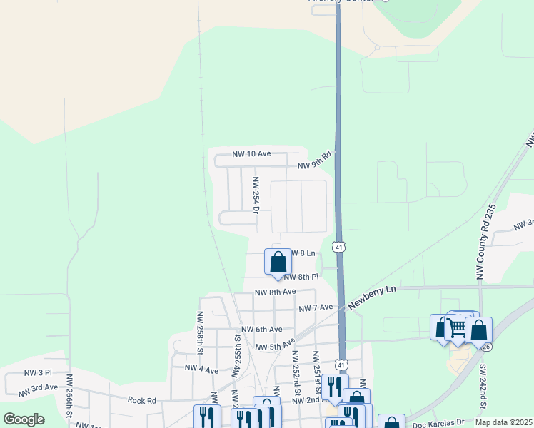 map of restaurants, bars, coffee shops, grocery stores, and more near 898 Northwest 253 Drive in Newberry