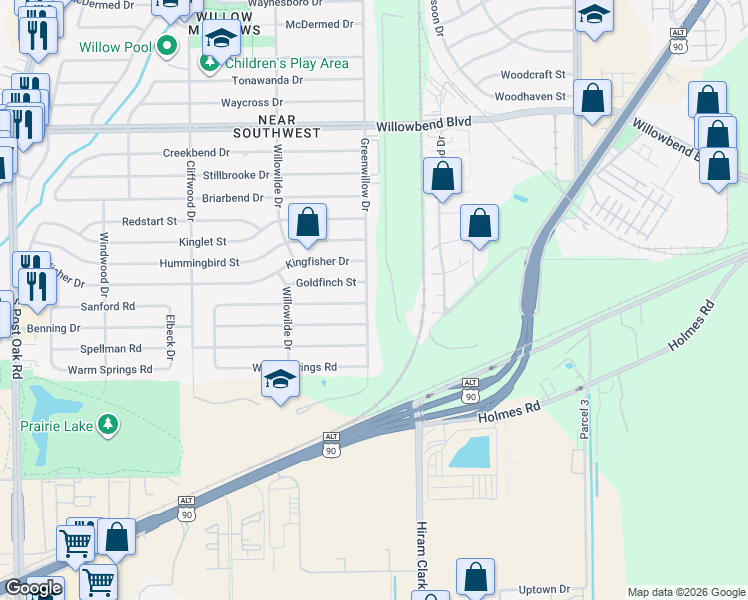 map of restaurants, bars, coffee shops, grocery stores, and more near 11033 Greenwillow Street in Houston