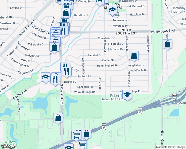 map of restaurants, bars, coffee shops, grocery stores, and more near 4726 Sanford Road in Houston