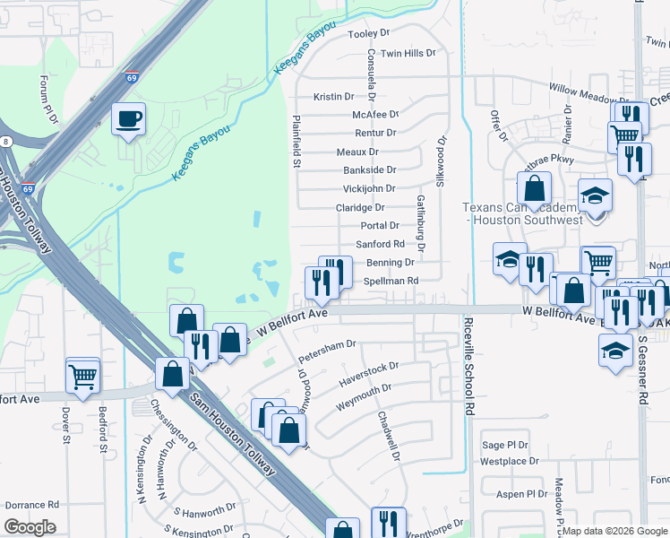map of restaurants, bars, coffee shops, grocery stores, and more near 9403 Benning Drive in Houston