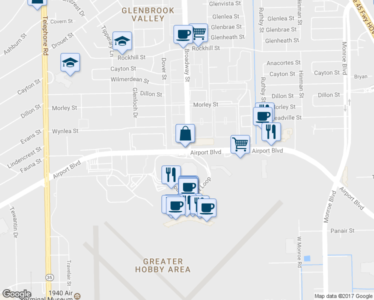 map of restaurants, bars, coffee shops, grocery stores, and more near Airport Blvd & Broadway St in Houston