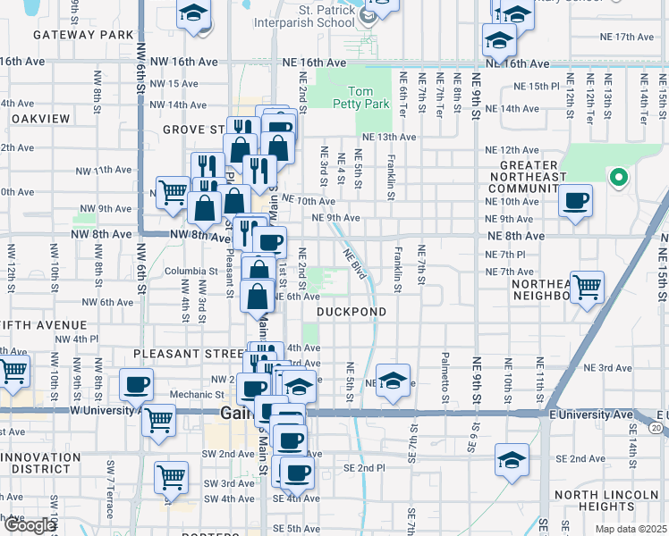 map of restaurants, bars, coffee shops, grocery stores, and more near 406 Northeast 7th Avenue in Gainesville