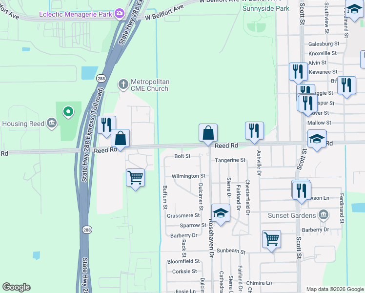 map of restaurants, bars, coffee shops, grocery stores, and more near 3025 Bolt Street in Houston
