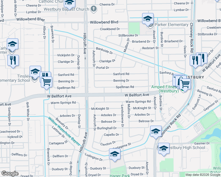 map of restaurants, bars, coffee shops, grocery stores, and more near 5723 Spellman Road in Houston