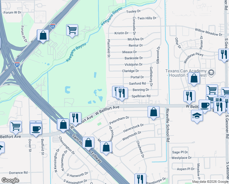 map of restaurants, bars, coffee shops, grocery stores, and more near 9427 Benning Drive in Houston