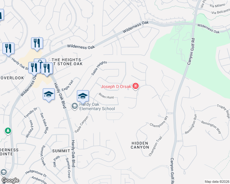 map of restaurants, bars, coffee shops, grocery stores, and more near 254 Gazelle Leap in San Antonio