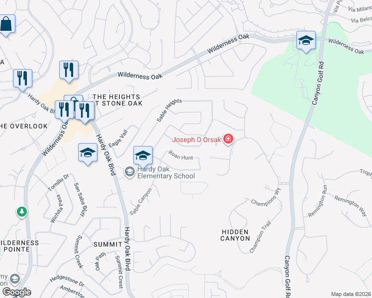 map of restaurants, bars, coffee shops, grocery stores, and more near 230 Gazelle Leap in San Antonio