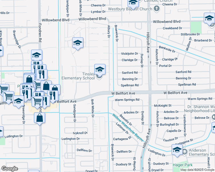 map of restaurants, bars, coffee shops, grocery stores, and more near 10 Albury Drive in Houston