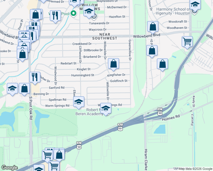 map of restaurants, bars, coffee shops, grocery stores, and more near 4502 Sanford Road in Houston