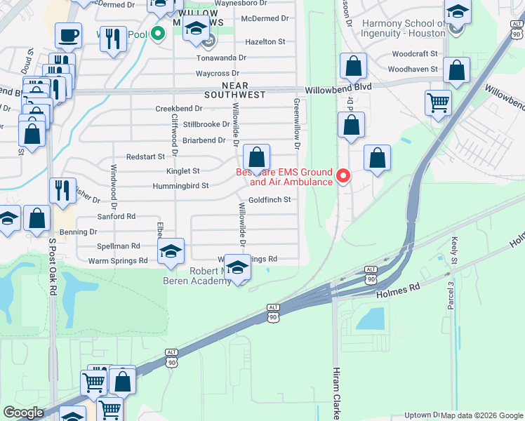 map of restaurants, bars, coffee shops, grocery stores, and more near 4410 Sanford Road in Houston