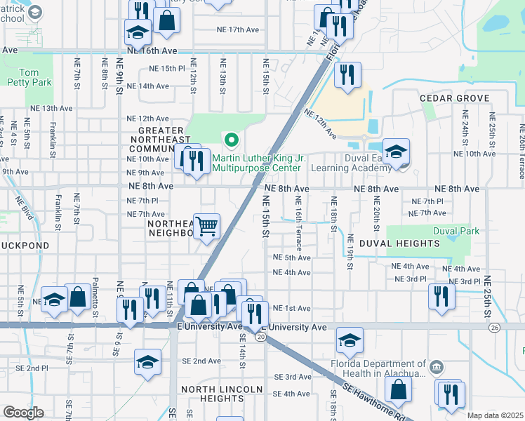 map of restaurants, bars, coffee shops, grocery stores, and more near 648 Northeast 15th Street in Gainesville