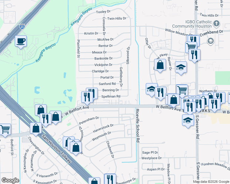 map of restaurants, bars, coffee shops, grocery stores, and more near 9215 Benning Drive in Houston