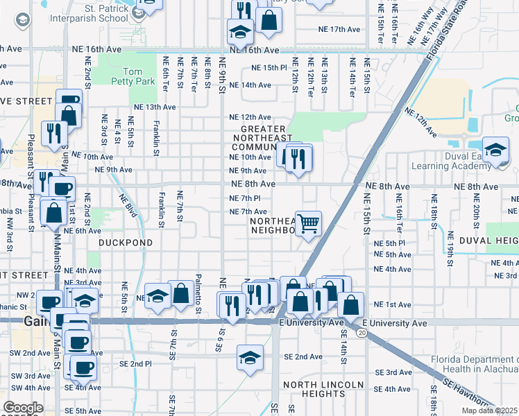 map of restaurants, bars, coffee shops, grocery stores, and more near 1020 Northeast 7th Avenue in Gainesville