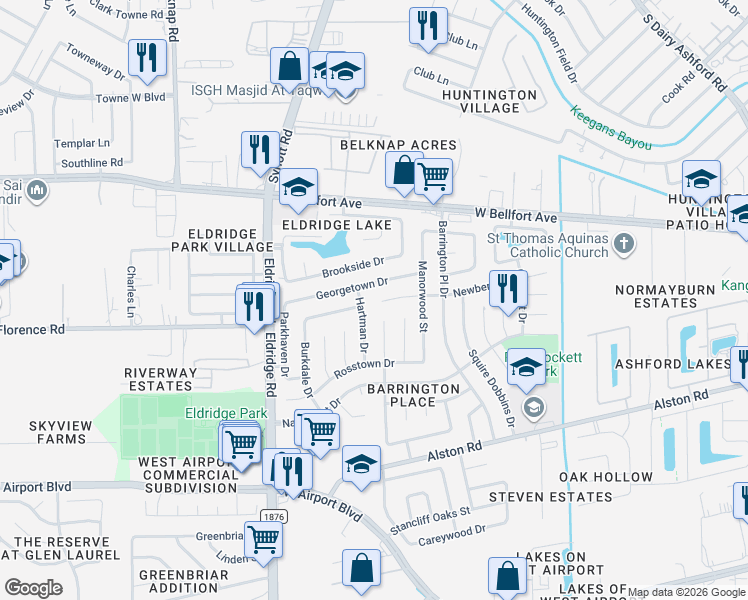 map of restaurants, bars, coffee shops, grocery stores, and more near 13134 Newberry Street in Sugar Land