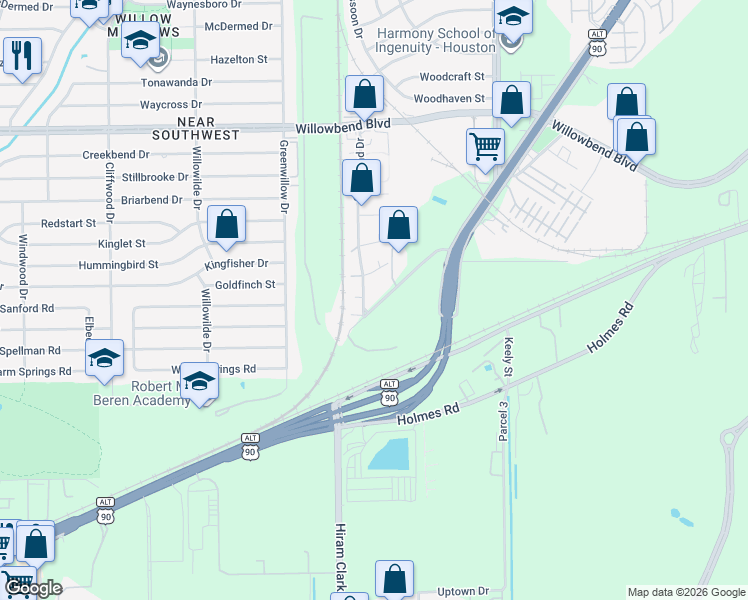 map of restaurants, bars, coffee shops, grocery stores, and more near 11620 Old Main Street Loop Road in Houston