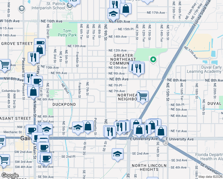 map of restaurants, bars, coffee shops, grocery stores, and more near 926 Northeast 7th Avenue in Gainesville