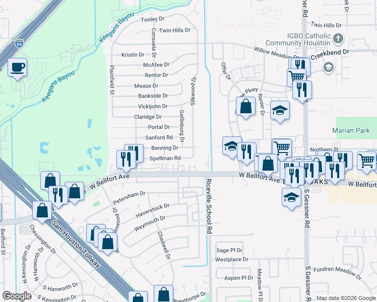 map of restaurants, bars, coffee shops, grocery stores, and more near 9107 Benning Drive in Houston