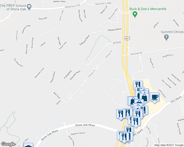 map of restaurants, bars, coffee shops, grocery stores, and more near S Breeze St in San Antonio