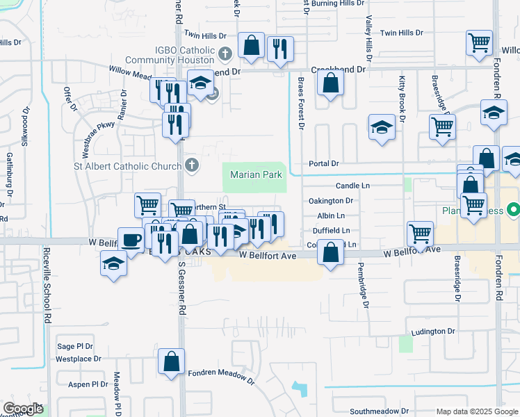 map of restaurants, bars, coffee shops, grocery stores, and more near 8331 Northern St in Houston