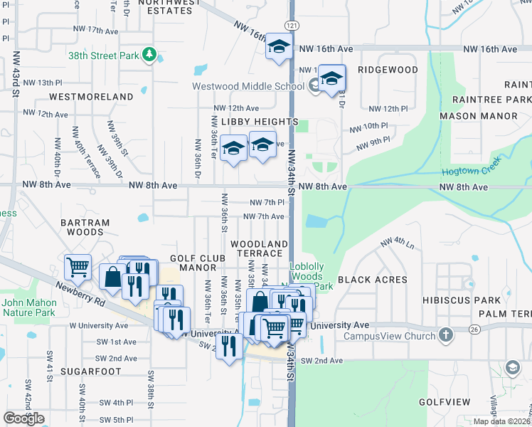map of restaurants, bars, coffee shops, grocery stores, and more near 3440 Northwest 7th Avenue in Gainesville