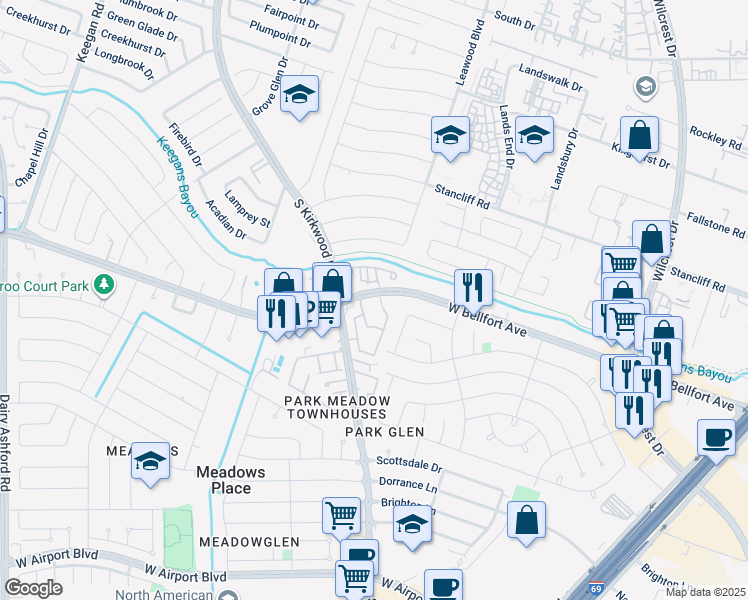 map of restaurants, bars, coffee shops, grocery stores, and more near 11679 West Bellfort Avenue in Houston