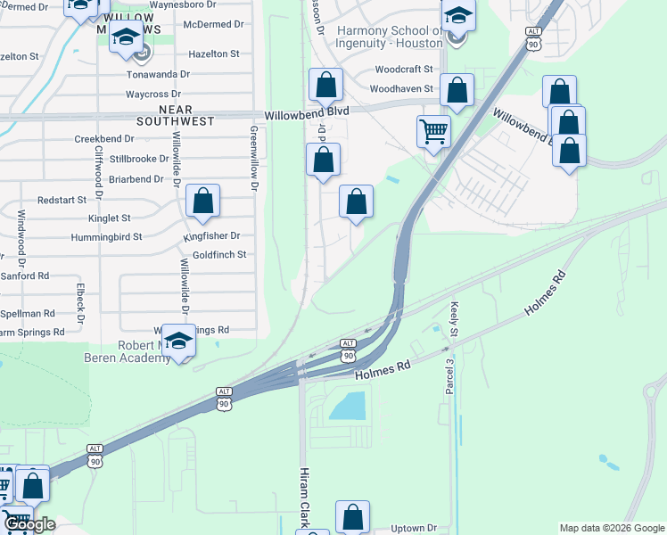 map of restaurants, bars, coffee shops, grocery stores, and more near 11620 Old Main Street Loop Road in Houston
