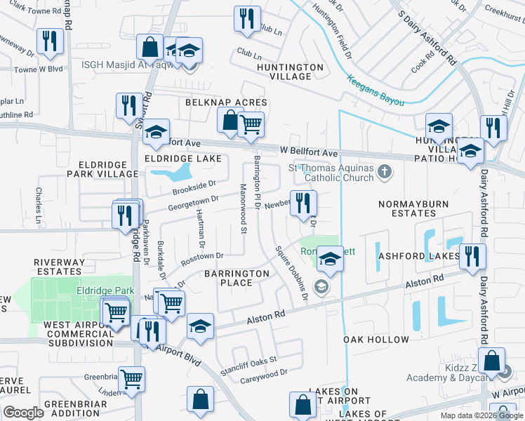 map of restaurants, bars, coffee shops, grocery stores, and more near 2430 Barrington Place Drive in Sugar Land