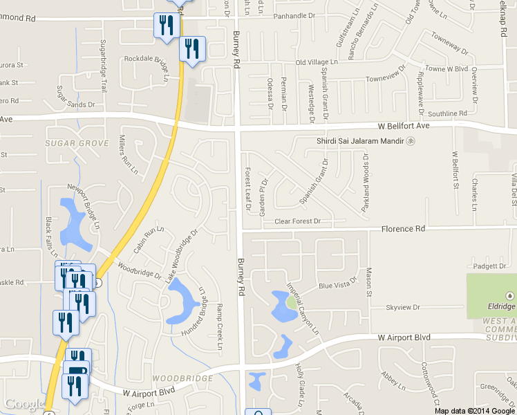 map of restaurants, bars, coffee shops, grocery stores, and more near 10806 Garden Place Drive in Sugar Land