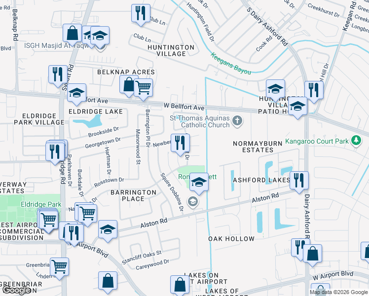 map of restaurants, bars, coffee shops, grocery stores, and more near 2407 Calumet Dr in Sugar Land