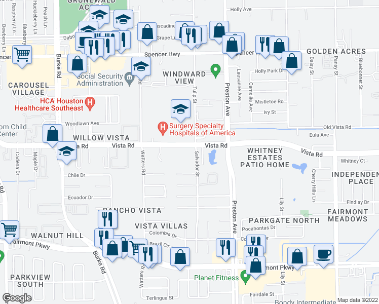 map of restaurants, bars, coffee shops, grocery stores, and more near 4444 Vista Road in Pasadena